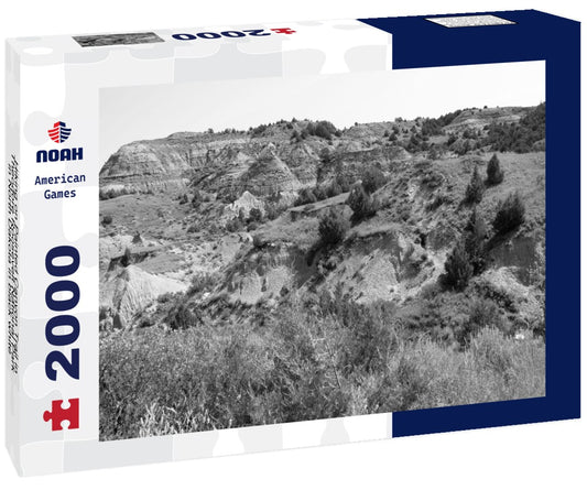 Noah Jigsaw Puzzle Hiking on Painted Canyon Trail in Theodore Roosevelt National Park in North Dakota in black white 2000 pieces