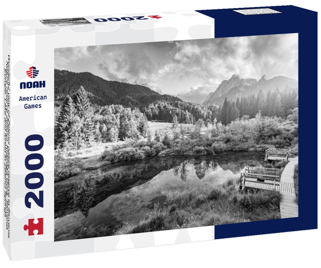Noah Jigsaw Puzzle Wonderful view of Zelenci nature reserve in Slovenia. Nature reserve Zelenci, Krajnska Gora, Slovenia, Europe. Lake and forest in Zelenci Springs, Kranjska Gora, Upper Carniola, Slovenia in black white 2000 pieces