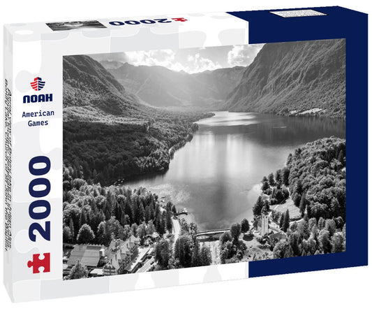 Noah Jigsaw Puzzle Aerial view of Bohinj lake in Julian Alps. Popular touristic destination in Slovenia. Bohinj Lake, Church of St John the Baptist. Triglav National Park, Julian Alps, Slovenia in black white 2000 pieces