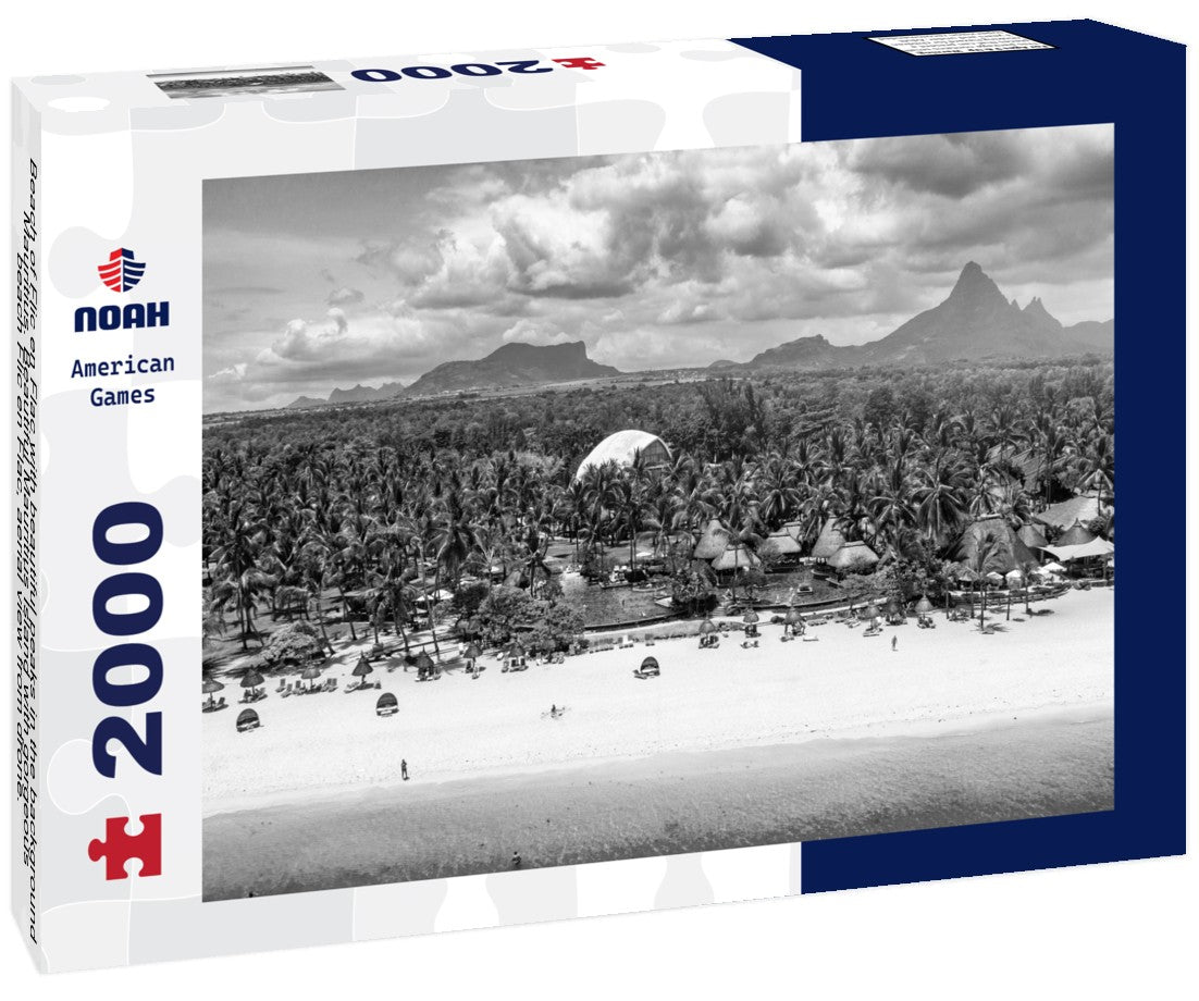 Noah Jigsaw Puzzle Beach of Flic en Flac with beautiful peaks in the background, Mauritius. Beautiful Mauritius Island with gorgeous beach Flic en Flac, aerial view from drone. Flic en Flac Beach, Mauritius Island in black white 2000 pieces