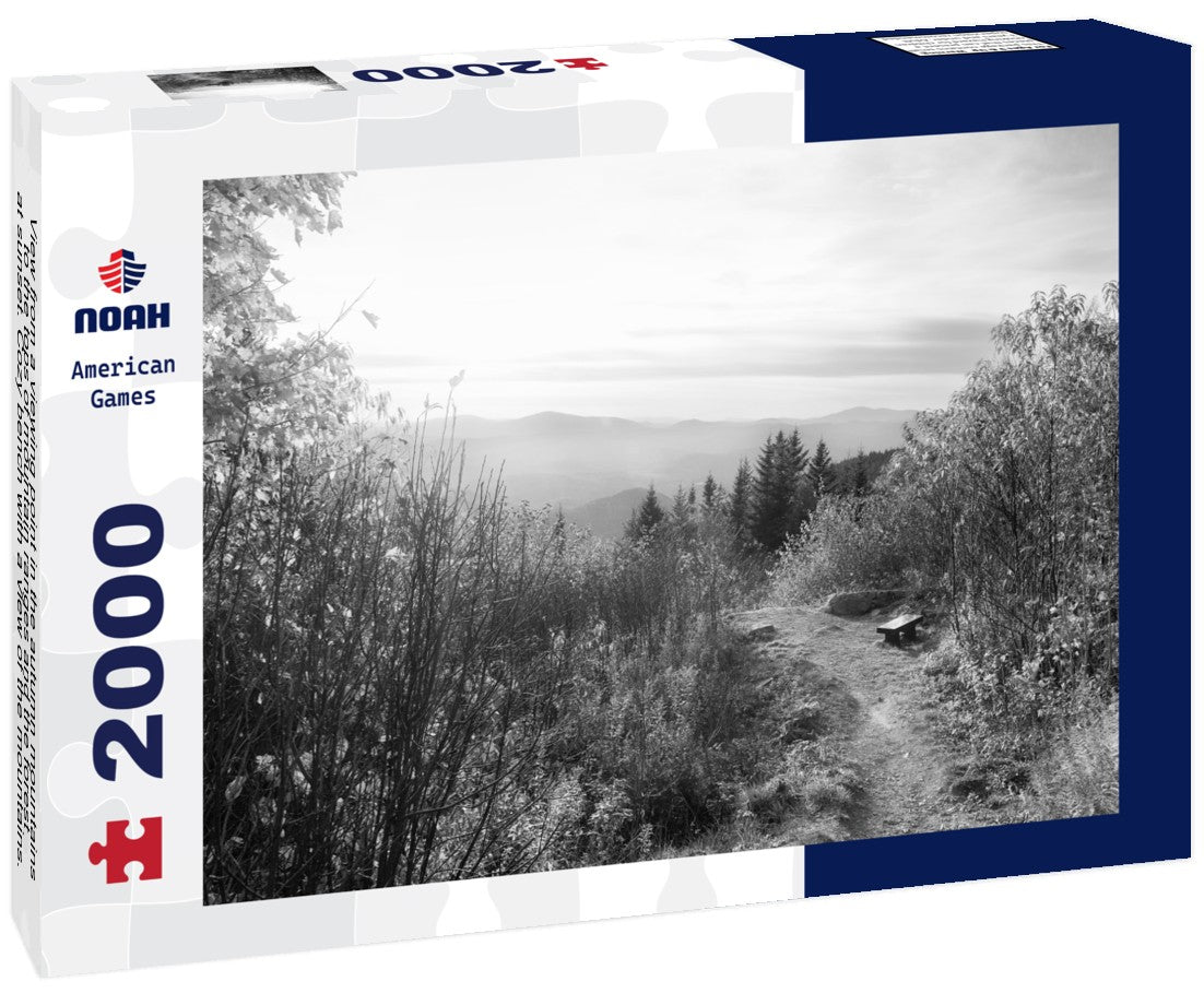 Noah Jigsaw Puzzle View from a viewing point in the autumn mountains to the tops of mountain ranges and the forest at sunset. Cozy bench with a view of the mountains. Vermont. USA in black white 2000 pieces