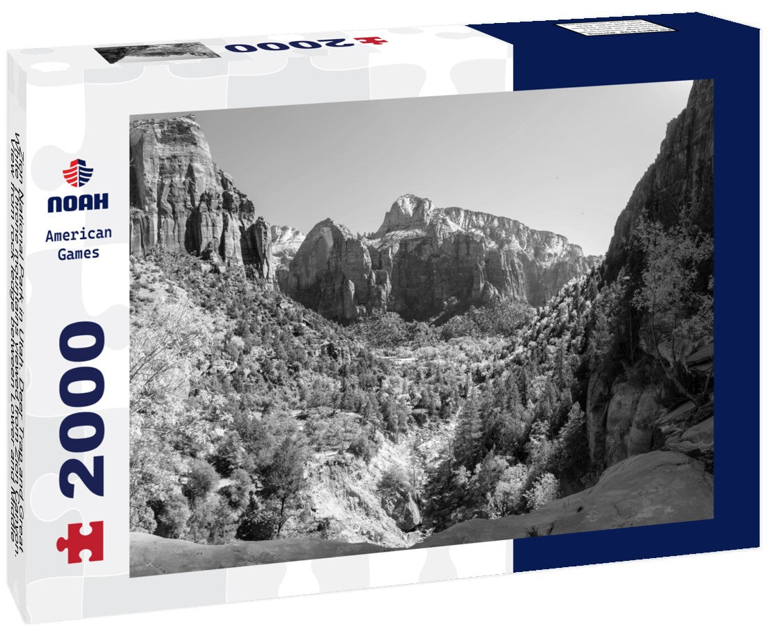 Noah Jigsaw Puzzle Zion National Park in Utah. Deer Trap and Great White Throne mountains viewed from Zion Canyon. View from rock ledge between Lower and Middle Emerald Pools in black white 2000 pieces