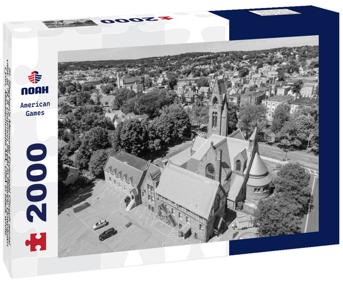 Noah Jigsaw Puzzle St. Stephen's Memorial Episcopal Church aerial view at 74 S Common Street in Historic Downtown Lynn, Massachusetts MA, USA in black white 2000 pieces