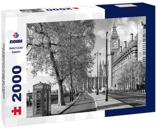 Noah Jigsaw Puzzle Red telephone boxes on Victoria embankment and Big Ben tower, London, UK in black white 2000 pieces