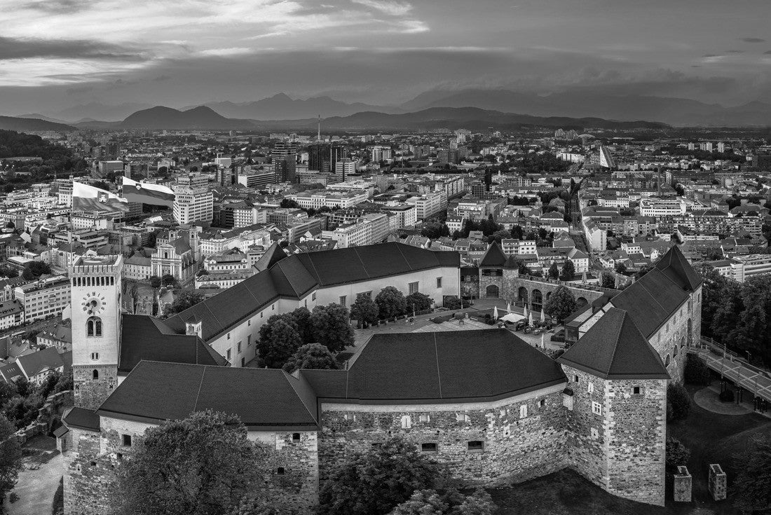 Ljubljana, Slovenia - Aerial Ljubljana castle on a summer afternoon with Franciscan Church of the Annunciation, Ljubljana Cathedral and skyline of the capital of Slovenia at sunset 2000pc PuzzleBlack and White