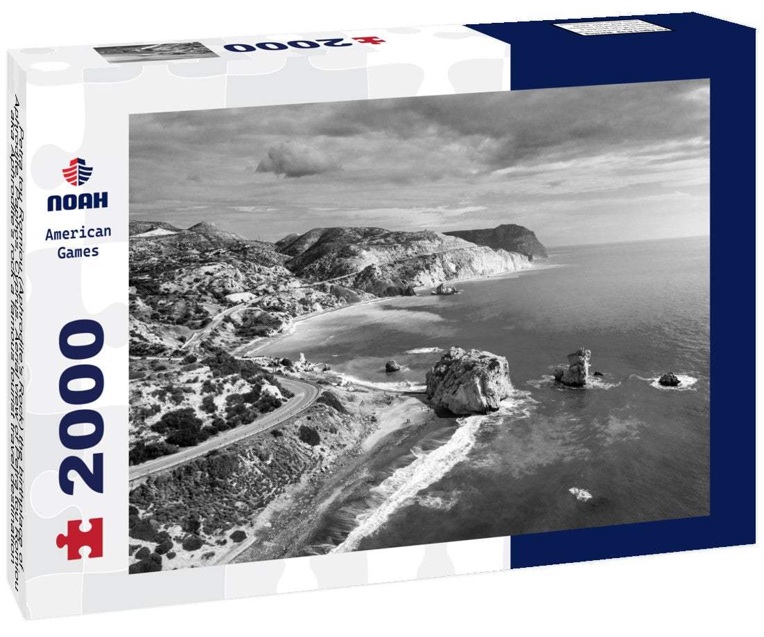 Noah Jigsaw Puzzle Petra tou Romiou (Aphrodite's Rock) the birthplace of Aphrodite, Paphos, Cyprus. Aerial view of Petra tou Romiou, aka Aphrodite's rock a famous tourist travel destination landmark in Paphos, Cyprus in black white 2000 pieces