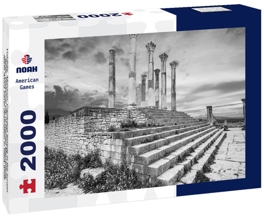 Noah Jigsaw Puzzle Volubilis, Morocco: Capitoline temple in the sunset lights. Historical city of Roman Mauretania, North Africa travel destination in black white 2000 pieces
