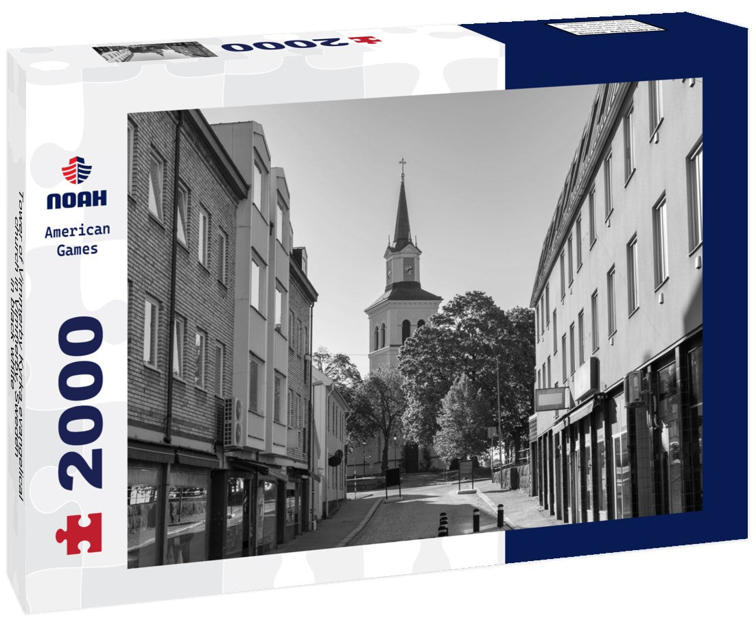 Noah Jigsaw Puzzle Tower of Vimmerby Kyrka evangelical church in Vimmerby, Sweden in black white 2000 pieces