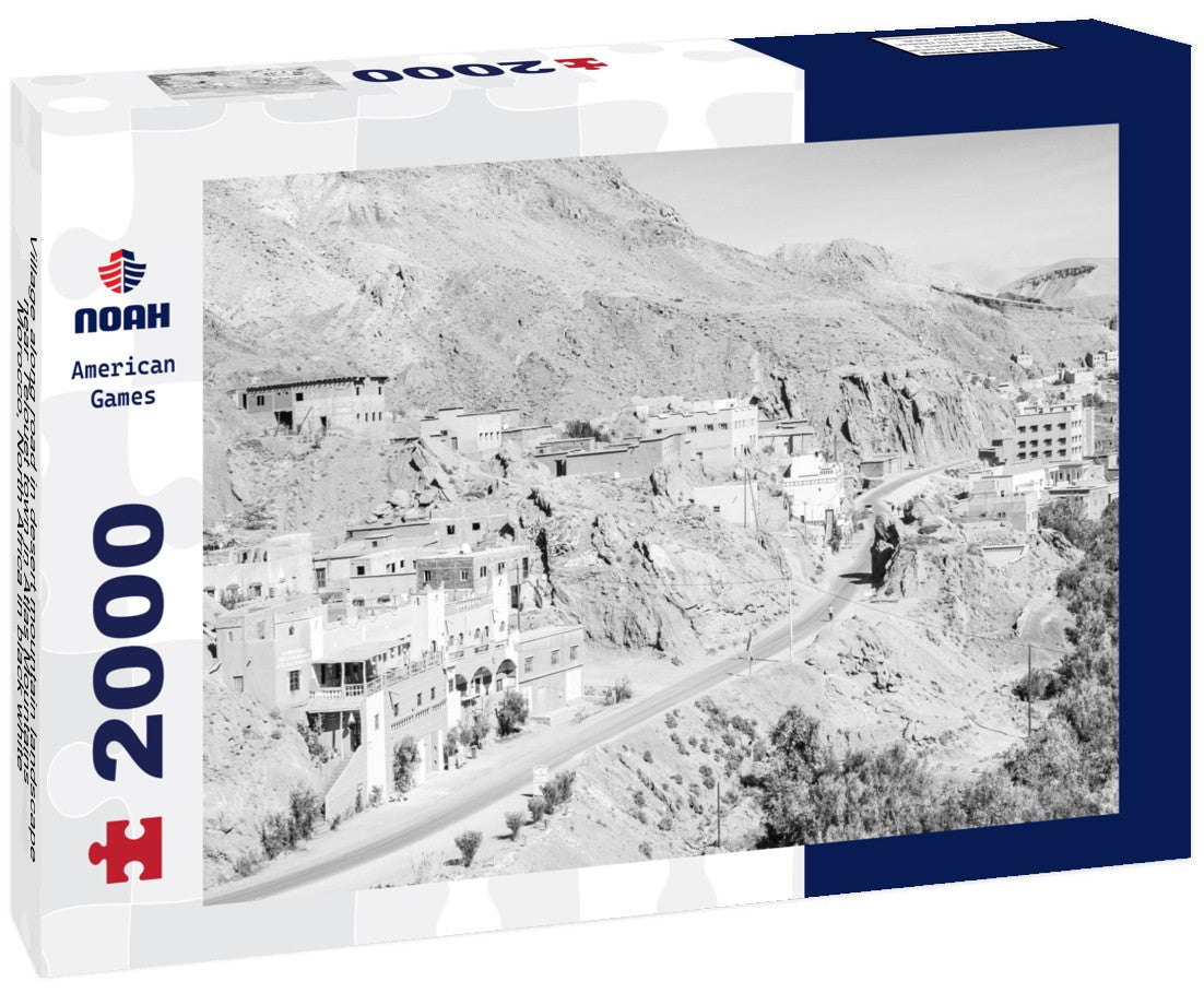 Noah Jigsaw Puzzle Village along road in desert mountain landscape near Telouet town in Atlas Mountains, Morocco, North Africa in black white 2000 pieces