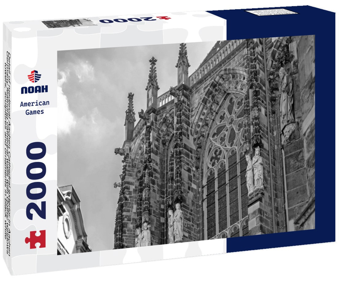 Noah Jigsaw Puzzle Detail of medieval Aachen Cathedral exterior in Aachen Germany featuring cathedral walls with Gothic windows, towers, sculptures and ornaments in black white 2000 pieces