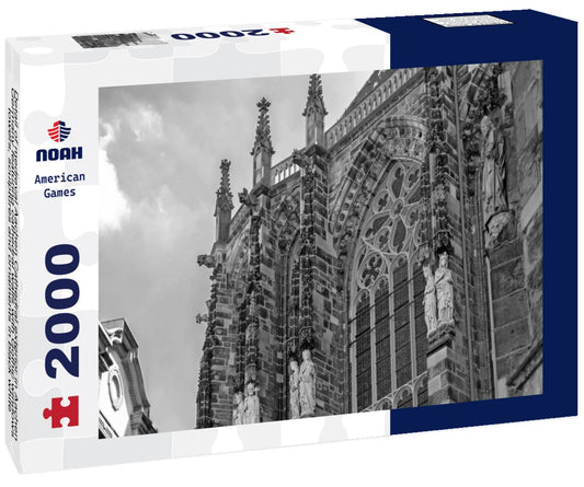 Noah Jigsaw Puzzle Detail of medieval Aachen Cathedral exterior in Aachen Germany featuring cathedral walls with Gothic windows, towers, sculptures and ornaments in black white 2000 pieces