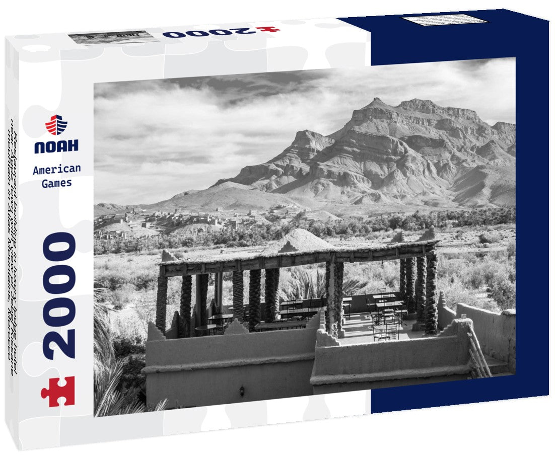 Noah Jigsaw Puzzle Restaurant building in luxury lodge hotel near Agdz town with view of Jebel Kissane mountain in Atlas Mountains, Morocco, North Africa in black white 2000 pieces