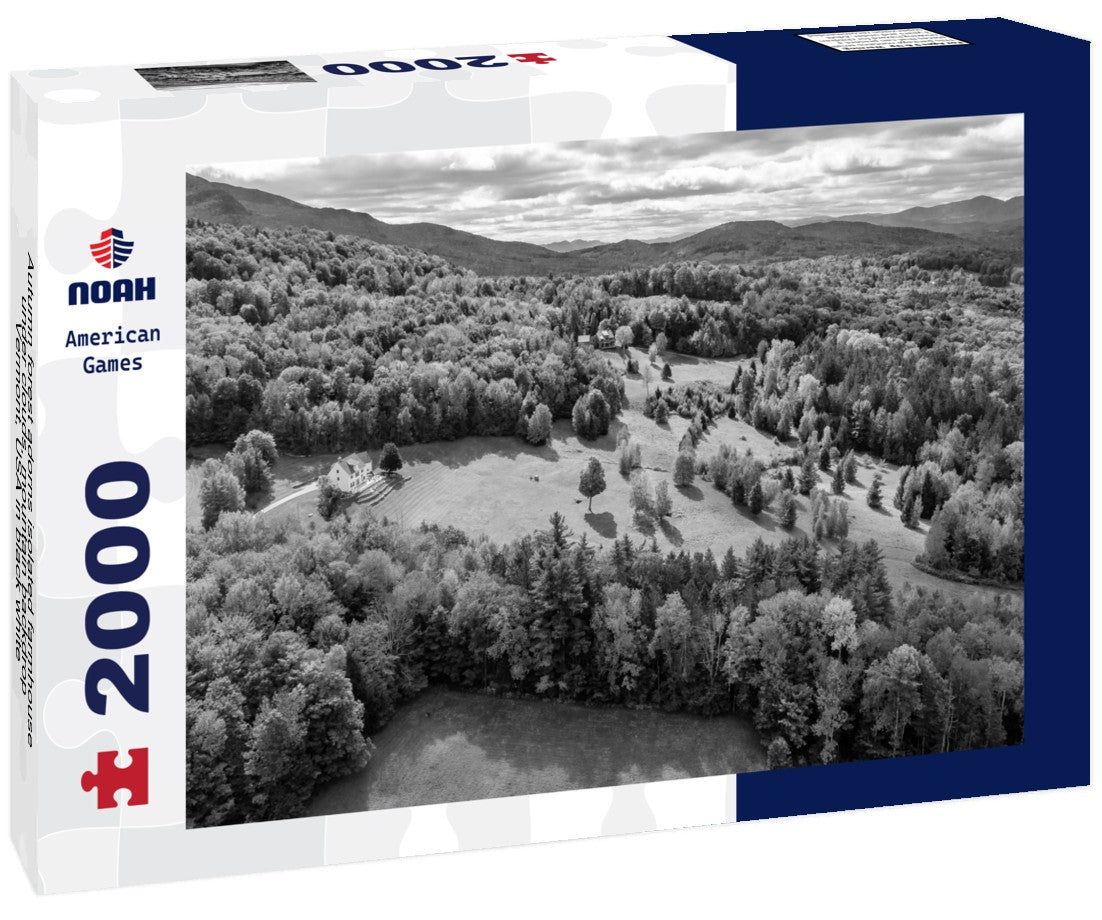 Noah Jigsaw Puzzle Autumn forest adorns isolated farmhouse under clouds, mountain backdrop, Vermont, USA in black white 2000 pieces