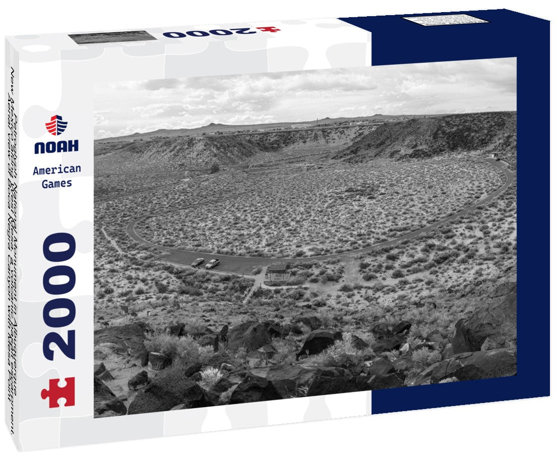 Noah Jigsaw Puzzle Petroglyph National Monument in Albuquerque, New Mexico along West Mesa, a volcanic basalt escarpment. Aerial view of Boca Negra Canyon with Mesa Point, Macaw and Cliff Base trails and parking in black white 2000 pieces