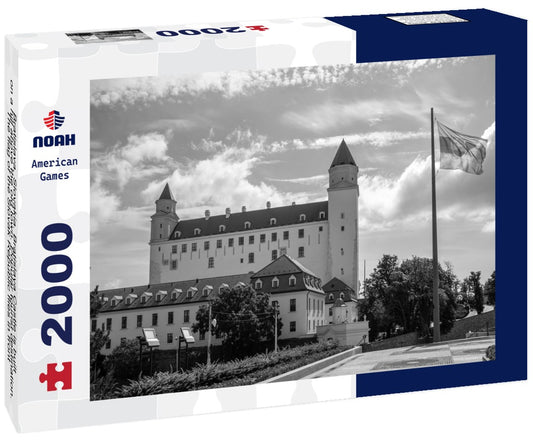 Noah Jigsaw Puzzle Bratislava, Slovakia. Bratislava Castle is built on a hill above the old town. Popular tourist destination. The flag of the Slovak Republic flies in front of the castle in black white 2000 pieces