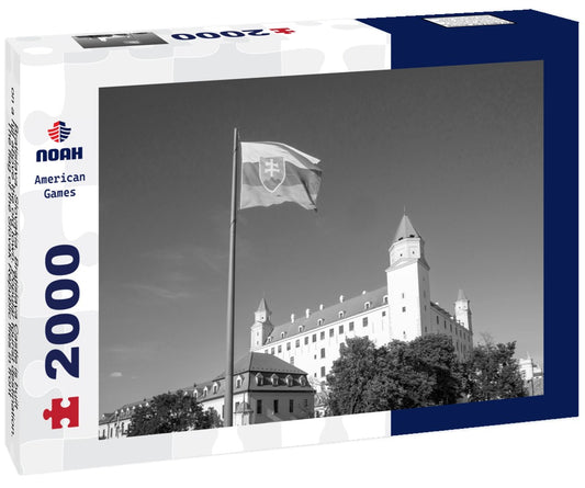 Noah Jigsaw Puzzle Bratislava, Slovakia. Bratislava Castle is built on a hill above the old town. Popular tourist destination. The flag of the Slovak Republic flies in front of the castle in black white 2000 pieces