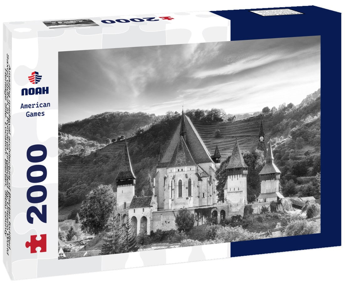 Noah Jigsaw Puzzle Amazing medieval architecture of Biertan fortified Saxon church in Romania protected by Unesco World Heritage Site. Location: Biertan, Sibiu county, Romania, Europe in black white 2000 pieces