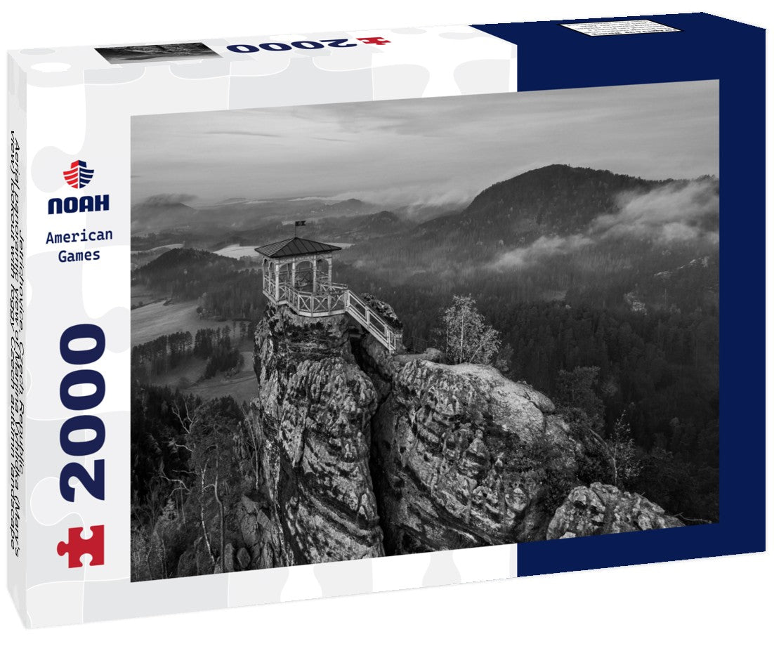 Noah Jigsaw Puzzle Jetrichovice, Czech Republic - Aerial panoramic view of Mariina Vyhlidka (Mary's view) lookout with foggy Czech autumn landscape and colorful pink sunrise sky in Bohemian Switzerland region in black white 2000 pieces
