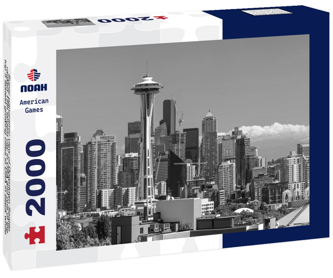 Noah Jigsaw Puzzle Super panoramic view of Downtown Seattle, ranked 15th largest city in USA and one of the top 5 fastest growing cities in USA in black white 2000 pieces