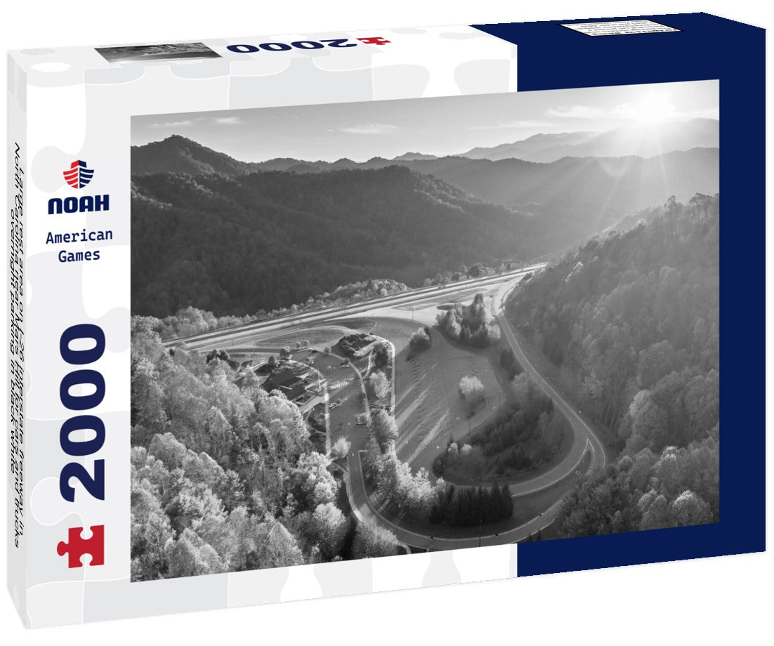 Noah Jigsaw Puzzle Large rest area on I-26 interstate freeway in North Carolina near Mars Hill for cars and trucks overnight parking in black white 2000 pieces
