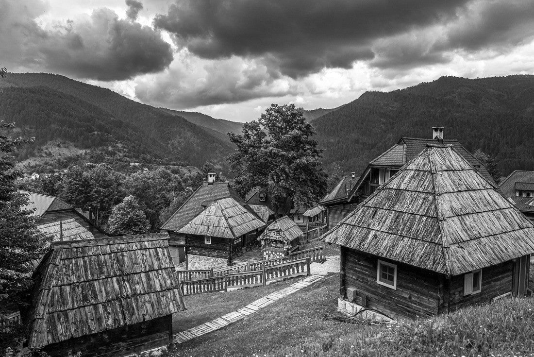 Picturesque traditional village “Küstendorf” or “Drvengrad” or “Mecavnik” with wooden buildings set in beautiful natural landscape in Western Serbia, originally built for film purposes near Mokra Gora 2000pc PuzzleBlack and White