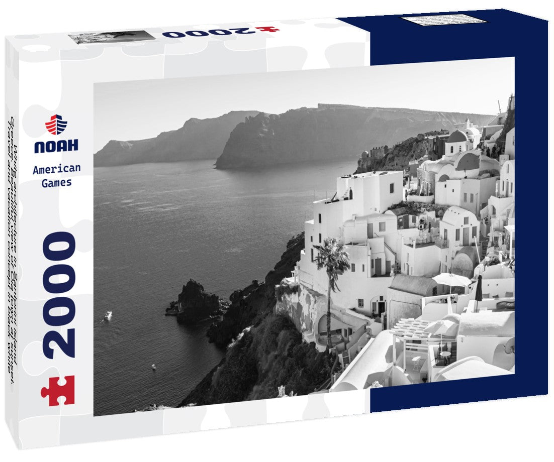 Noah Jigsaw Puzzle White architecture in Santorini island, Greece. Beautiful view of Oia town at sunset. Travel and vacation concept in black white 2000 pieces