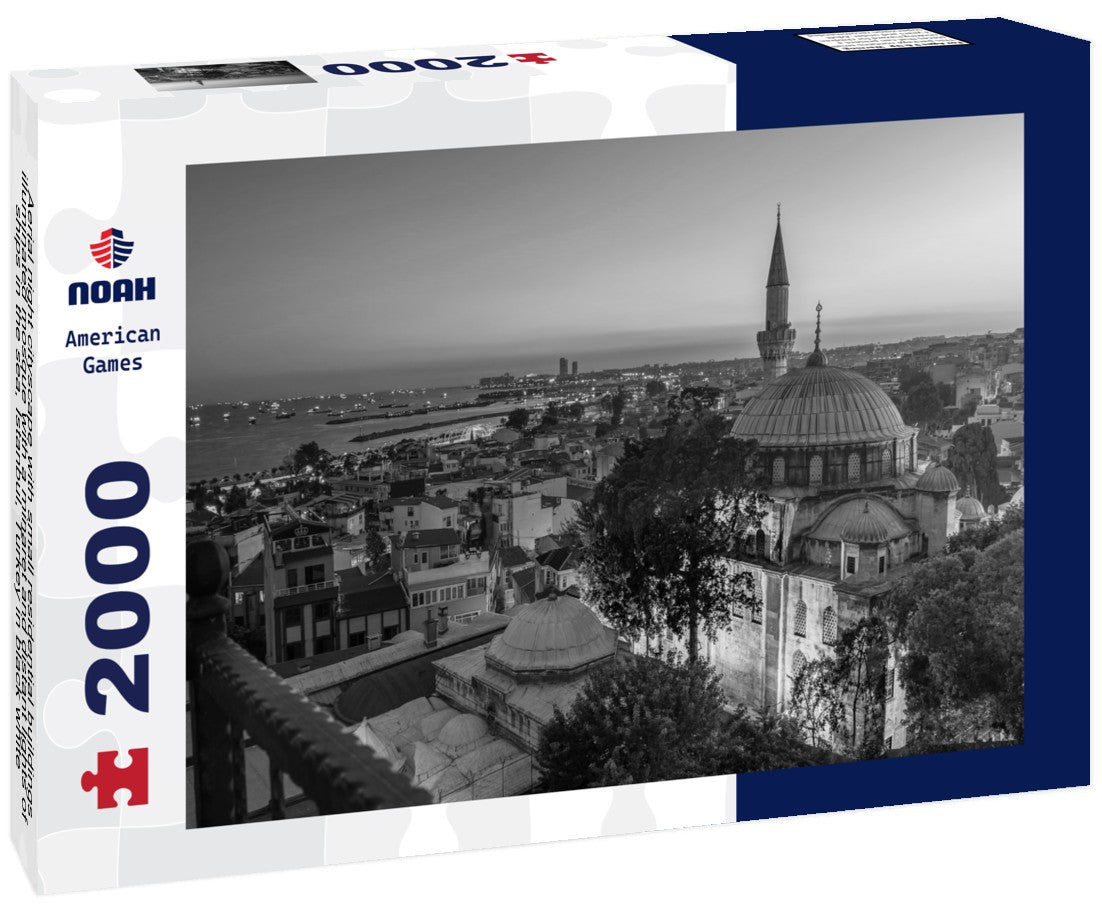 Noah Jigsaw Puzzle Aerial night cityscape with small residential buildings, illuminated mosque with a minaret and distant lights of ships in the sea, Istanbul, Turkey in black white 2000 pieces
