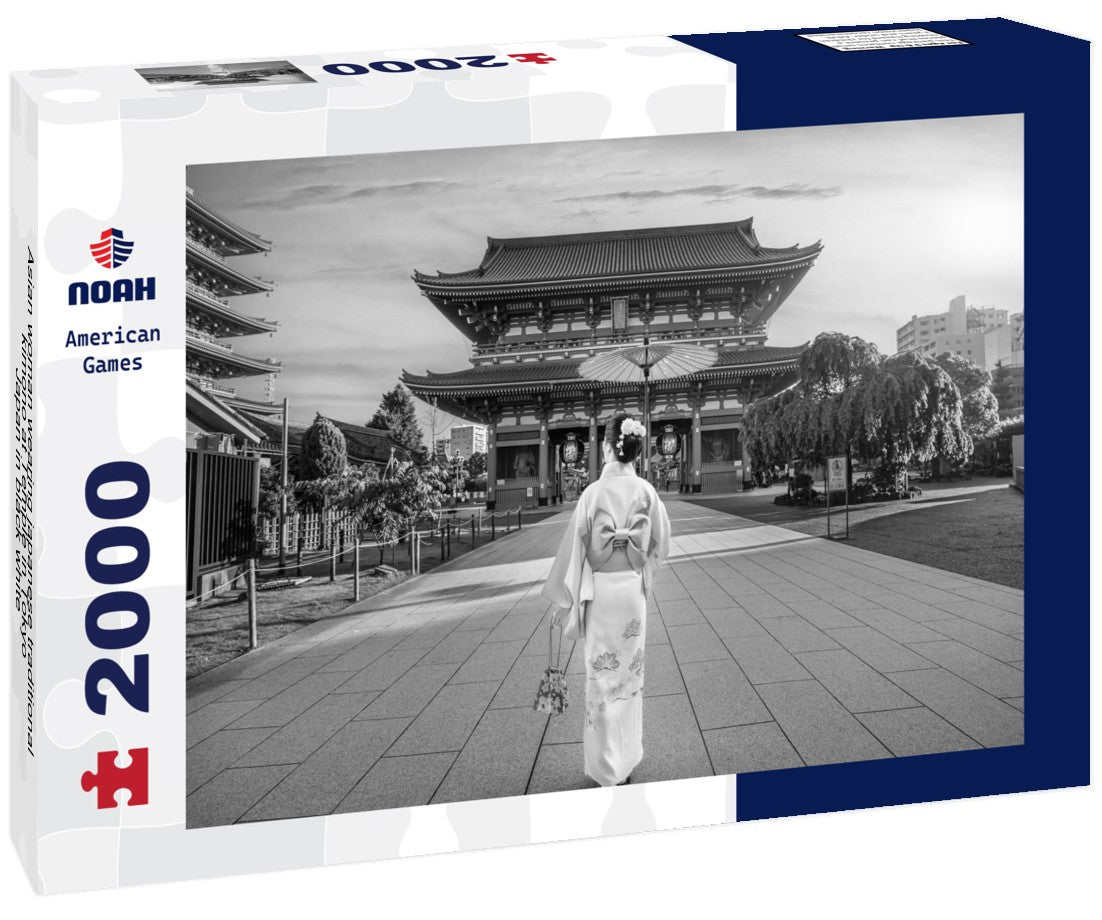 Noah Jigsaw Puzzle Asian woman wearing japanese traditional kimono at Temple in Tokyo, Japan in black white 2000 pieces