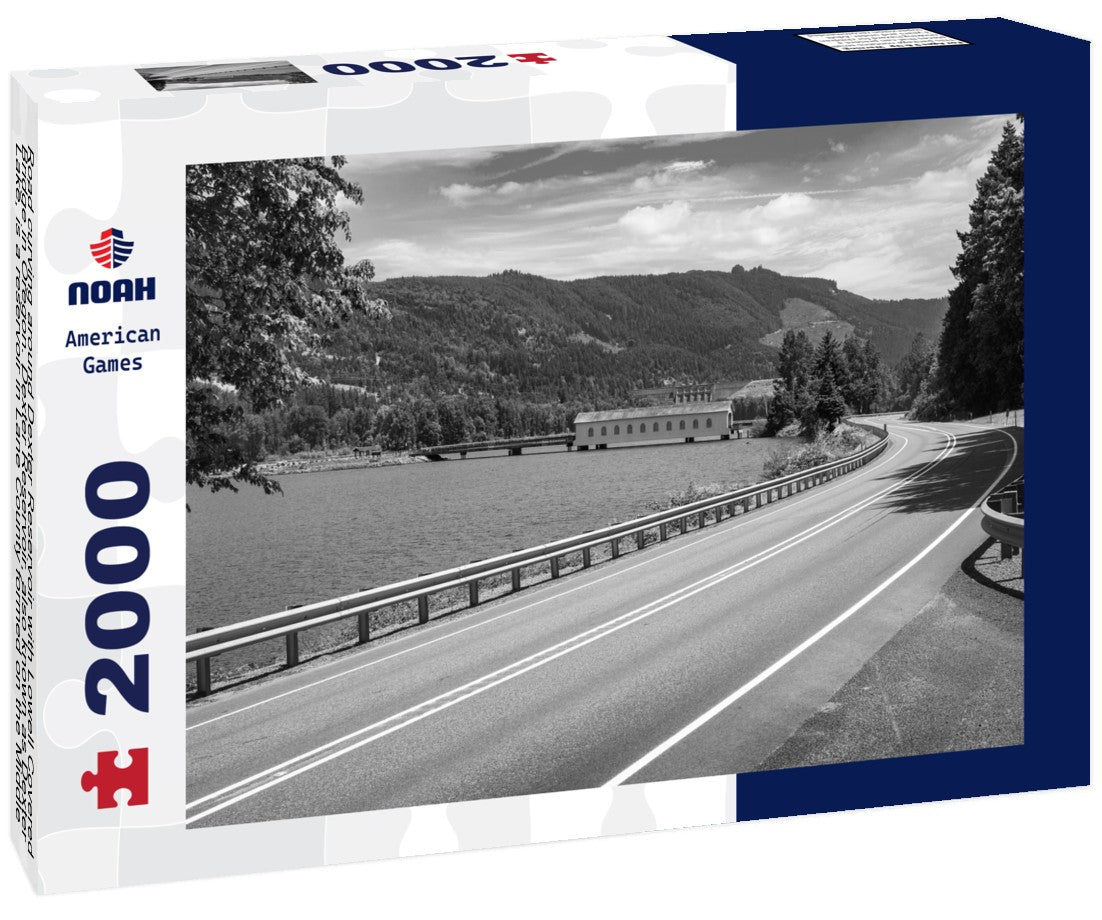Noah Jigsaw Puzzle Road curving around Dexter Reservoir with Lowell Covered Bridge in Oregon. Dexter Reservoir, also known as Dexter Lake, is a reservoir in Lane County formed on the Middle Fork Willamette River in black white 2000 pieces
