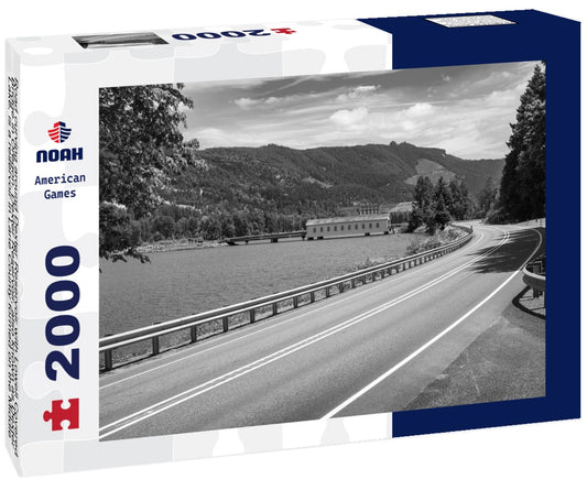 Noah Jigsaw Puzzle Road curving around Dexter Reservoir with Lowell Covered Bridge in Oregon. Dexter Reservoir, also known as Dexter Lake, is a reservoir in Lane County formed on the Middle Fork Willamette River in black white 2000 pieces