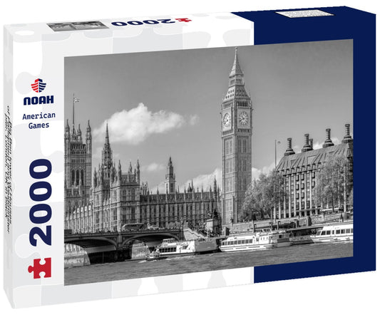 Noah Jigsaw Puzzle Big Ben tower of Houses of Parliament and Westminster pier, London, UK in black white 2000 pieces