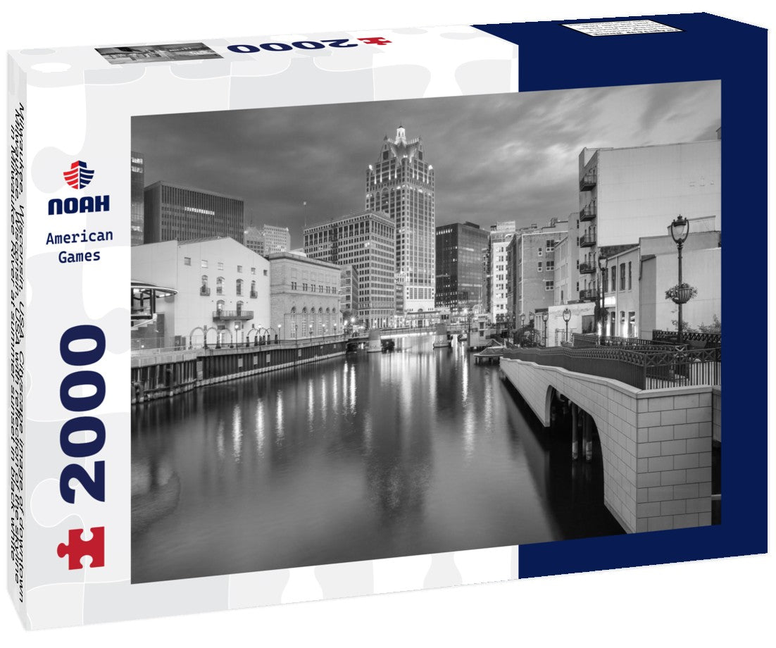 Noah Jigsaw Puzzle Milwaukee, Wisconsin, USA. Cityscape image of downtown Milwaukee, Wisconsin, USA with reflection of the skyline in Milwaukee River at summer sunset in black white 2000 pieces