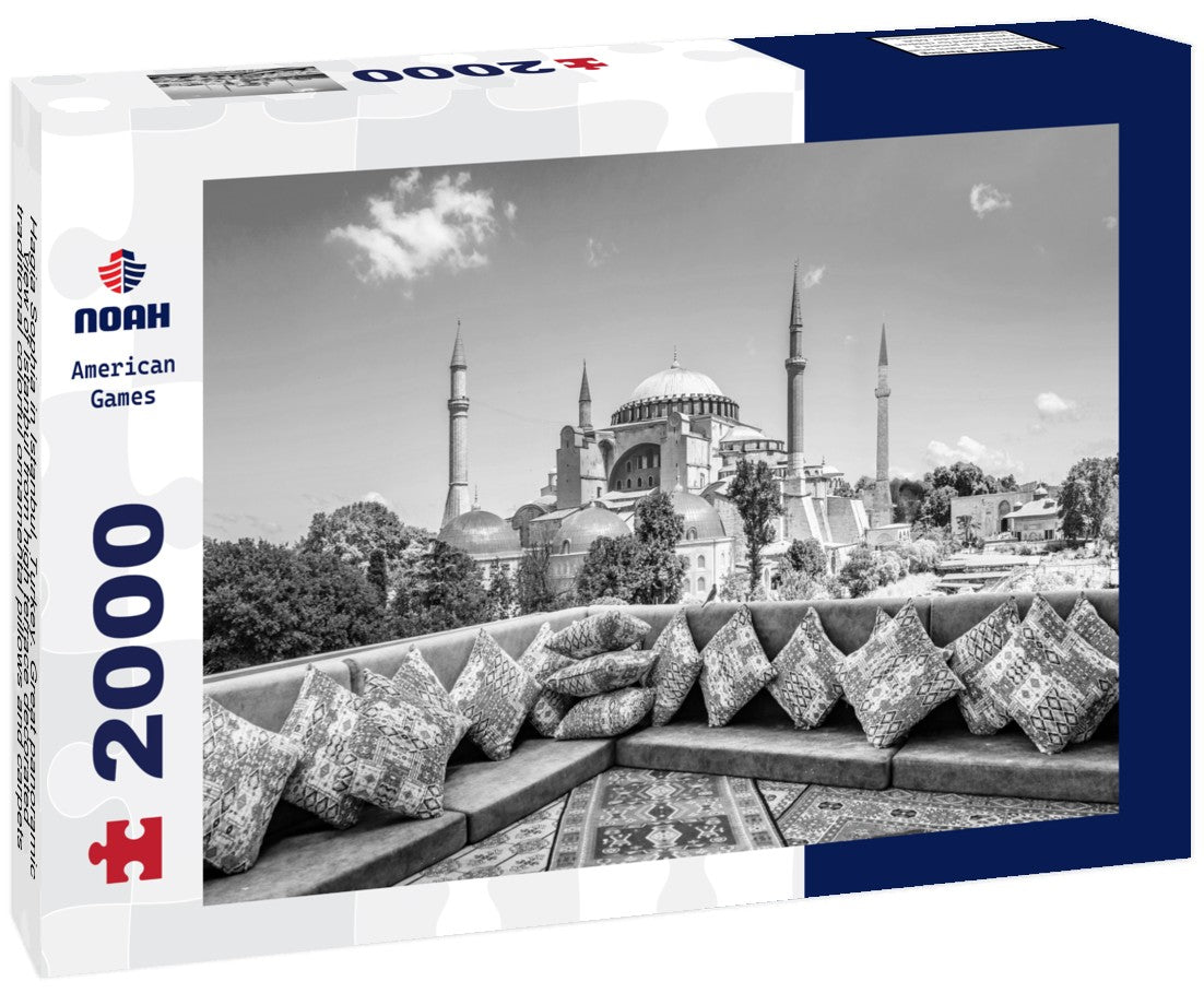 Noah Jigsaw Puzzle Hagia Sophia in Istanbul, Turkey. Great panoramic view of Istanbul from high terrace decorated traditional colorful ornamental pillows and carpets and still life in black white 2000 pieces