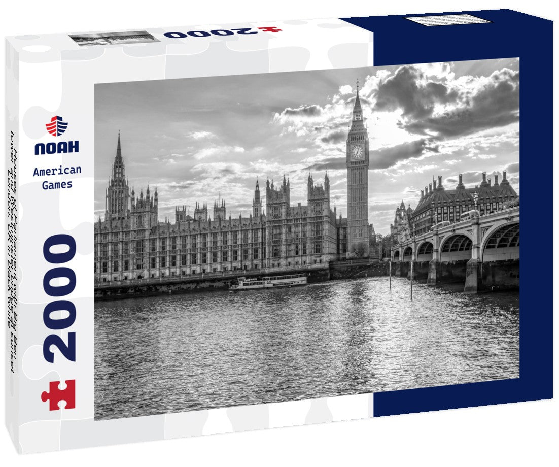 Noah Jigsaw Puzzle Houses of Parliament with Big Ben tower and Westminster bridge at sunset, London, UK in black white 2000 pieces