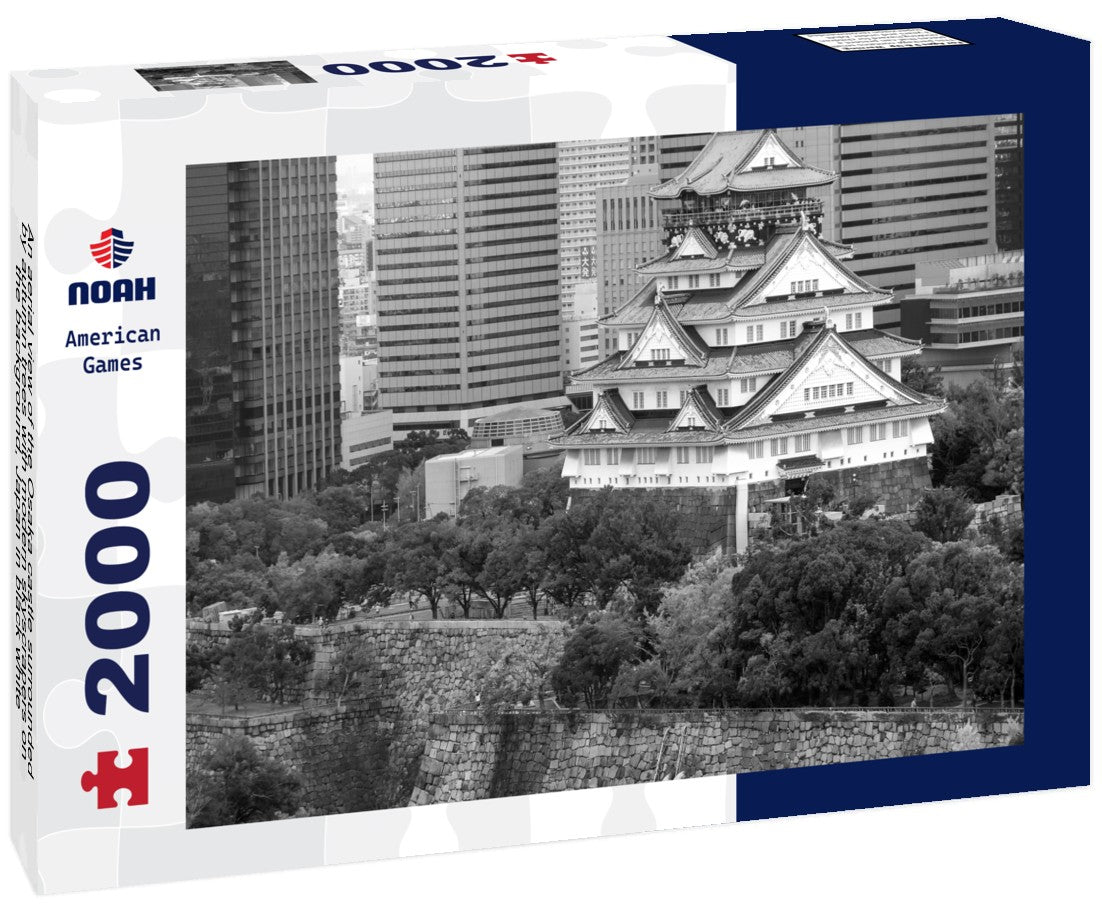 Noah Jigsaw Puzzle An aerial view of the Osaka castle surrounded by autumn trees with modern skyscrapers on the background, Japan in black white 2000 pieces