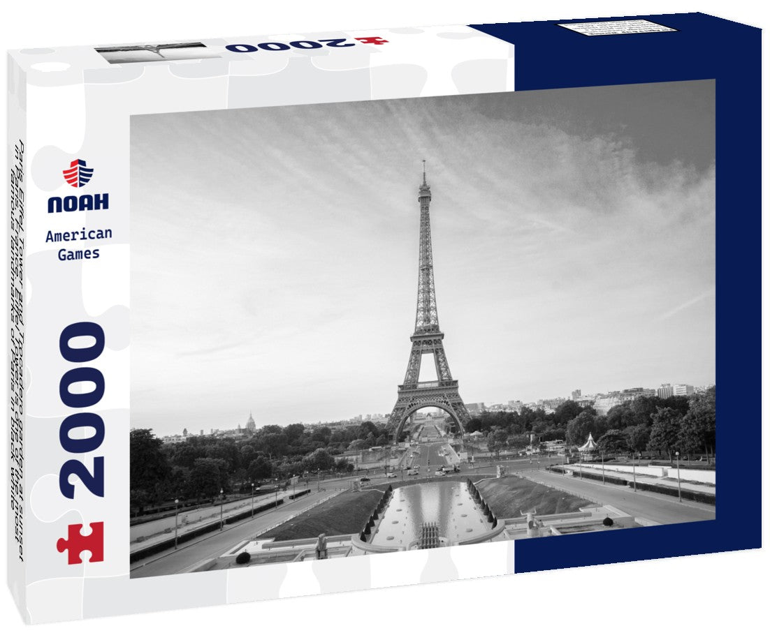 Noah Jigsaw Puzzle Paris Eiffel Tower and Trocadero garden at sunset in Paris, France. Eiffel Tower is one of the most famous landmarks of Paris in black white 2000 pieces