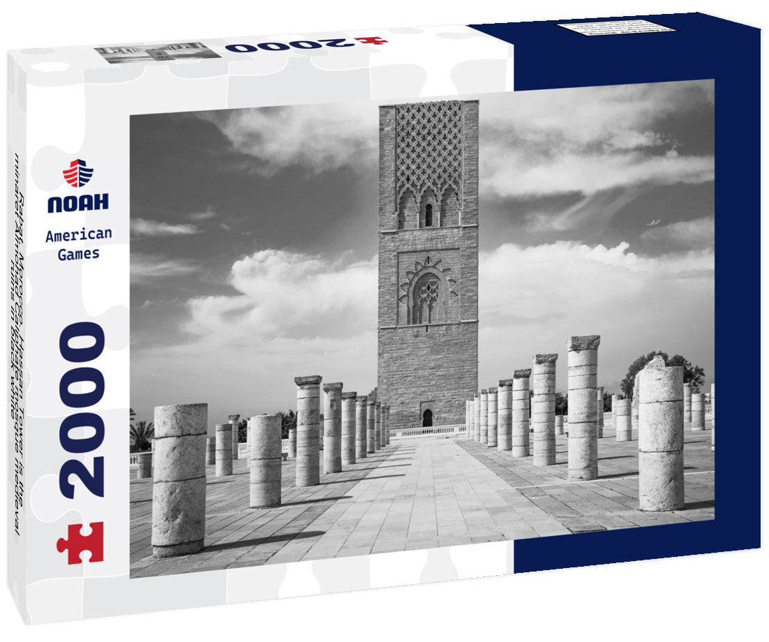 Noah Jigsaw Puzzle Rabat, Morocco. Hassan Tower is the minaret Almohad Caliphate mosque medieval ruins in black white 2000 pieces