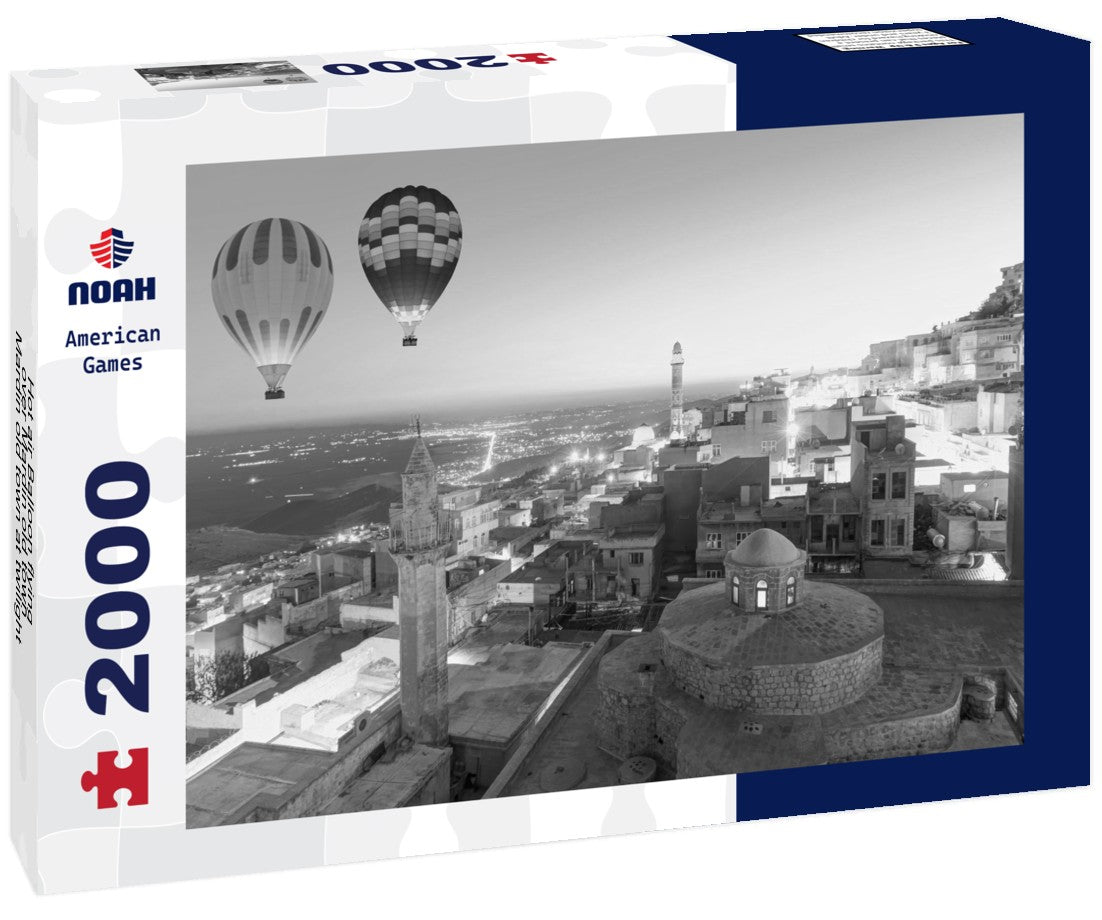 Noah Jigsaw Puzzle Hot air Balloon flying over Mardin old town - Mardin old town at twilight blue hour - Mardin, Turkey in black white 2000 pieces