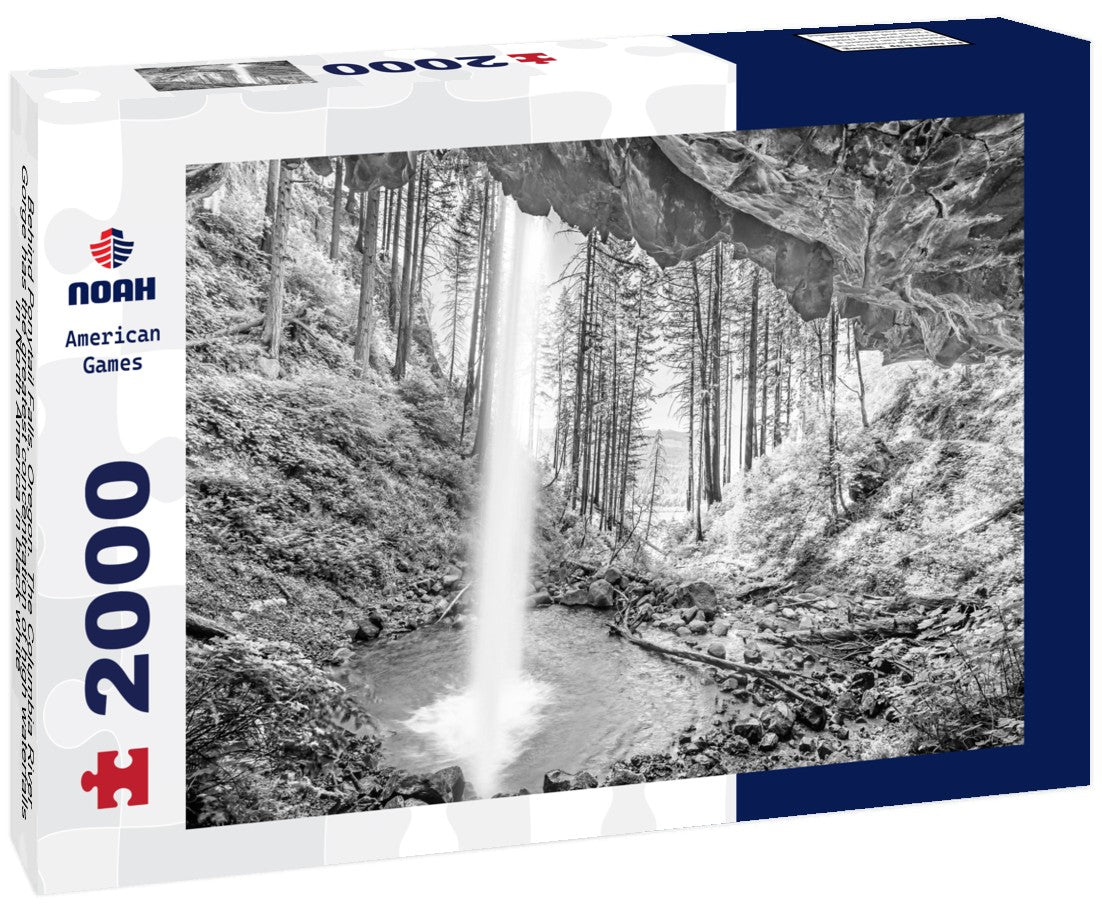 Noah Jigsaw Puzzle Behind Ponytail Falls, Oregon. The Columbia River Gorge has the greatest concentration of high waterfalls in North America in black white 2000 pieces