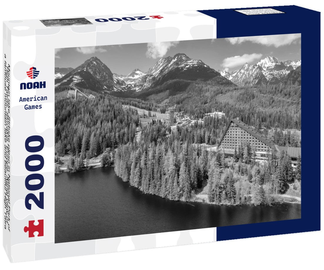 Noah Jigsaw Puzzle Mountain lake Strbske pleso in National Park of High Tatras, Slovakia, Europe. Aerial view of a famouse mountain lake and beautiful High Tatra mountains in Slovakia in black white 2000 pieces