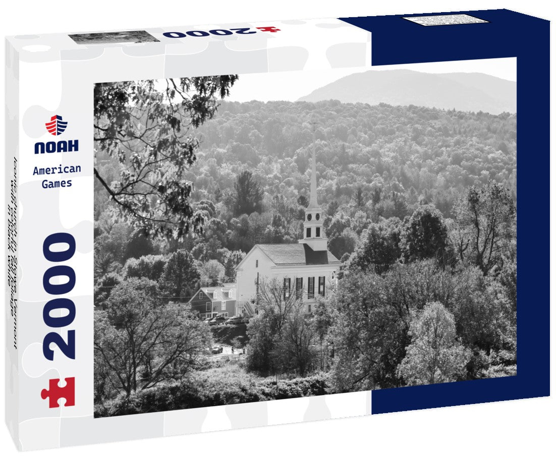 Noah Jigsaw Puzzle Iconic church in Stowe Vermont with colorful fall foliage in black white 2000 pieces