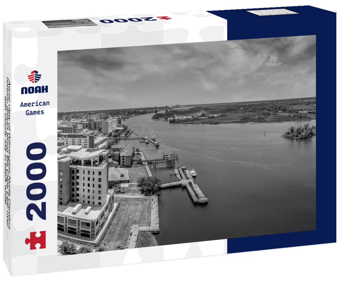 Noah Jigsaw Puzzle Aerial view of Wilmington North Carolina historic district along the Cape Fear river with cloudy sky in black white 2000 pieces