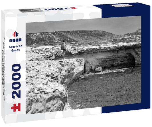 Noah Jigsaw Puzzle Seascape Cape Greco peninsula park with woman standing over a cliff, Cyprus in black white 2000 pieces