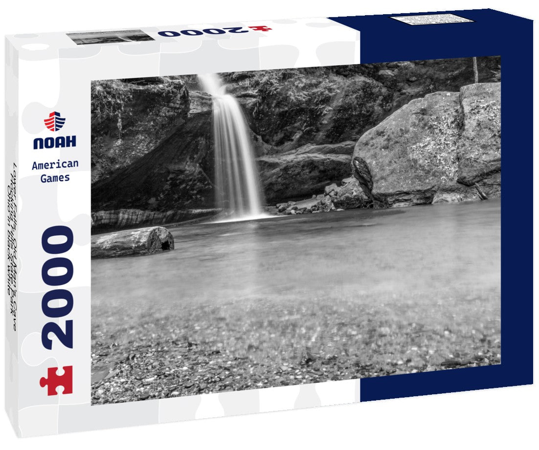 Noah Jigsaw Puzzle Lower Falls, Old Man's Cave, Hocking Hills State Park, Ohio in black white 2000 pieces
