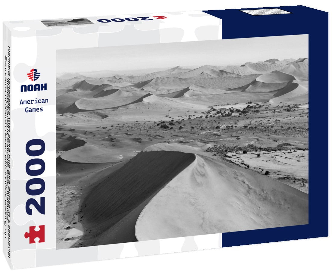 Noah Jigsaw Puzzle Namibia landscape with sand hills and dunes in Sossusvlei, Namib-Naukluft National Park, Namibia. Panorama of Namib desert with tourists walking up to red sand dunes at sunrise in black white 2000 pieces