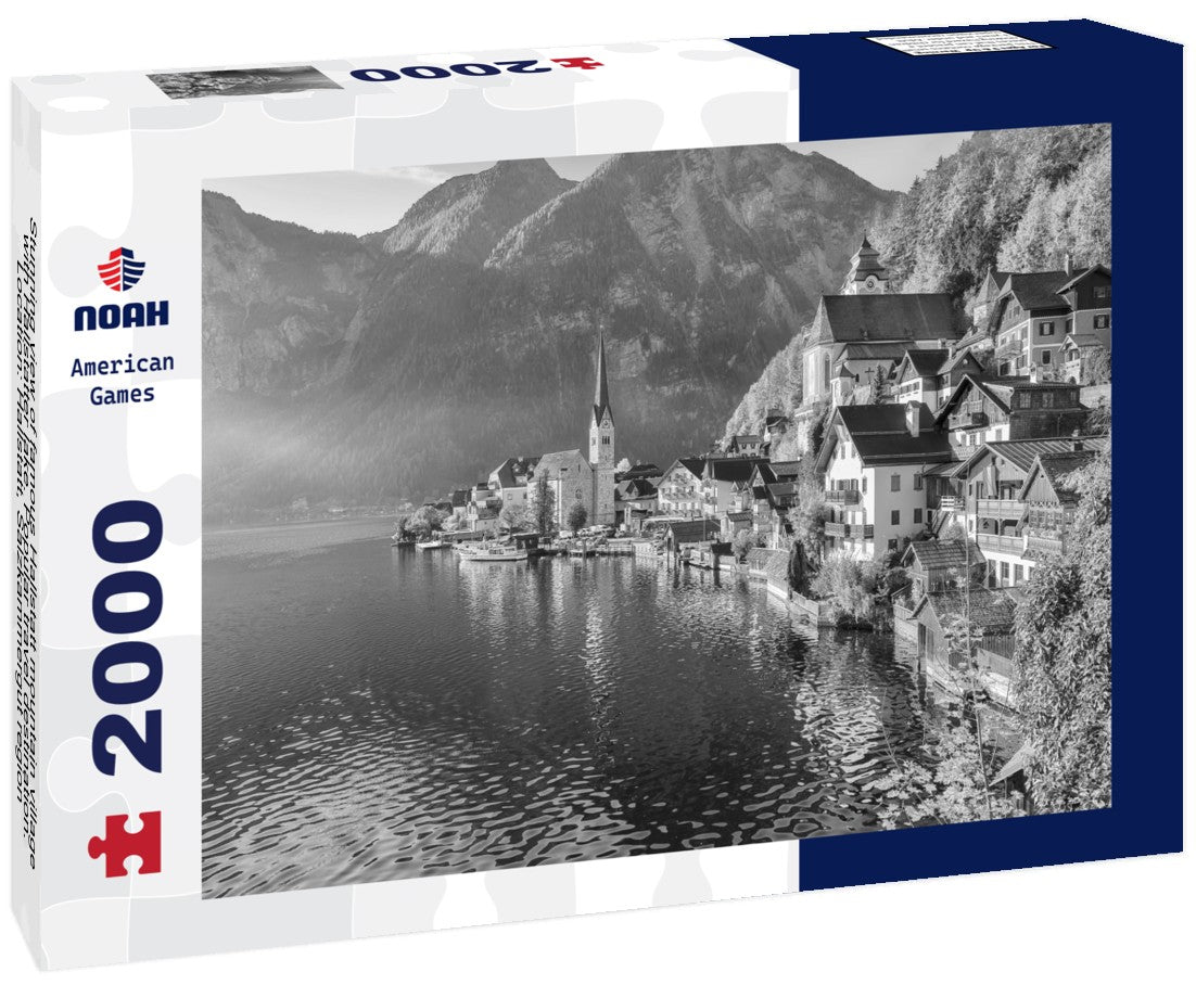 Noah Jigsaw Puzzle Stunning view of famous Hallstatt mountain village with Hallstatter lake. Popular travel destination. Location: Hallstatt, Salzkammergut region, Austria, Alps. Europe in black white 2000 pieces
