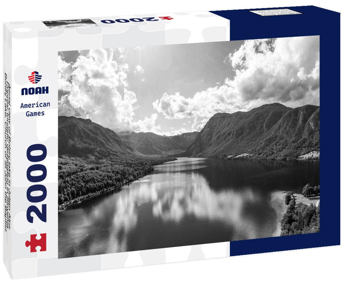 Noah Jigsaw Puzzle Aerial view of Bohinj lake in Julian Alps. Popular touristic destination in Slovenia. Bohinj Lake, Church of St John the Baptist. Triglav National Park, Julian Alps, Slovenia in black white 2000 pieces