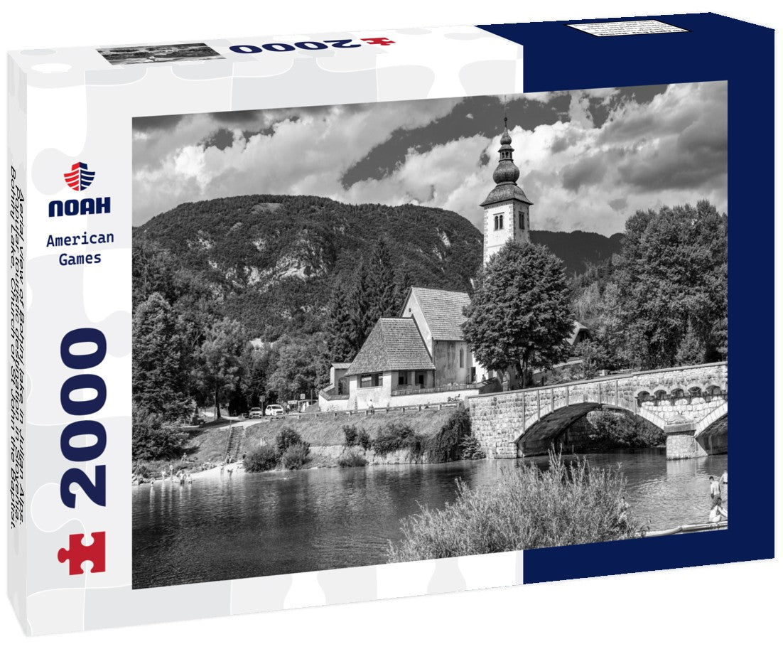 Noah Jigsaw Puzzle Aerial view of Bohinj lake in Julian Alps. Popular touristic destination in Slovenia. Bohinj Lake, Church of St John the Baptist. Triglav National Park, Julian Alps, Slovenia in black white 2000 pieces
