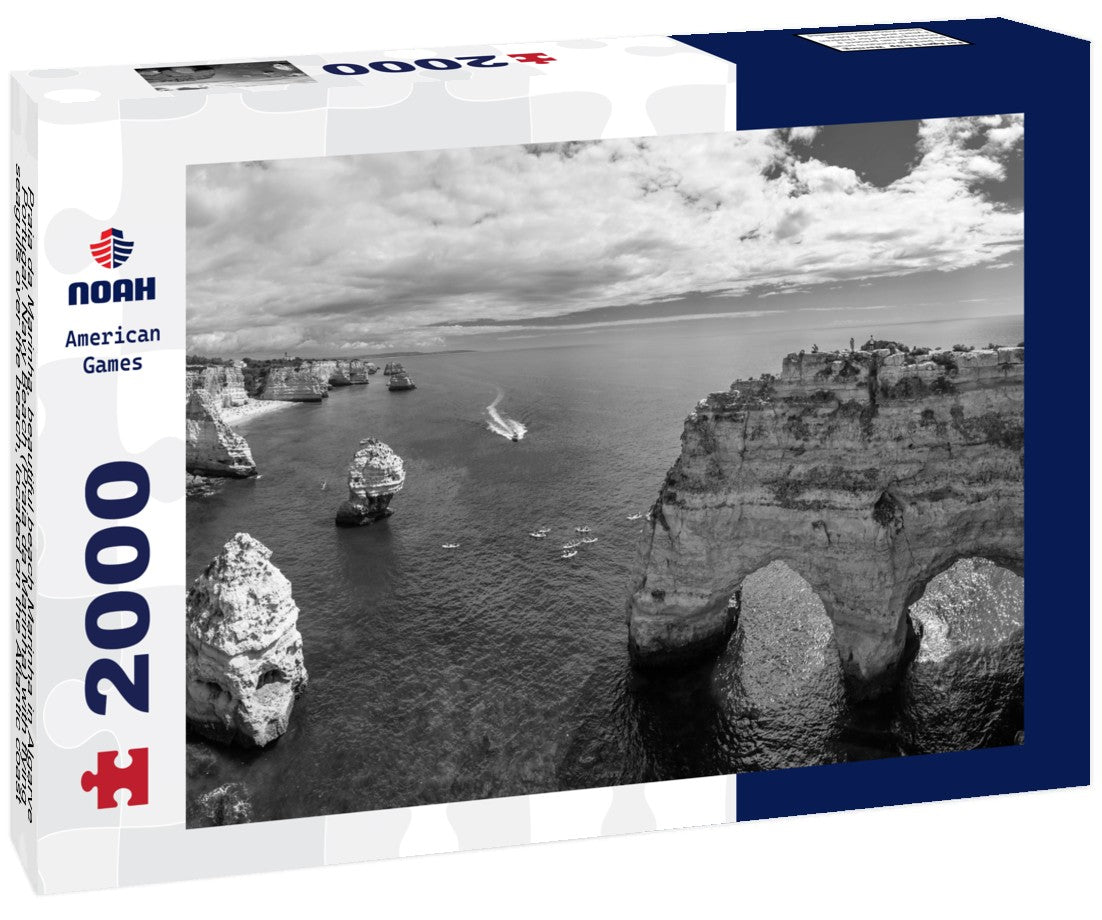Noah Jigsaw Puzzle Praia da Marinha, beautiful beach Marinha in Algarve, Portugal. Navy Beach (Praia da Marinha) with flying seagulls over the beach, located on the Atlantic coast in Lagoa Municipality, Algarve in black white 2000 pieces