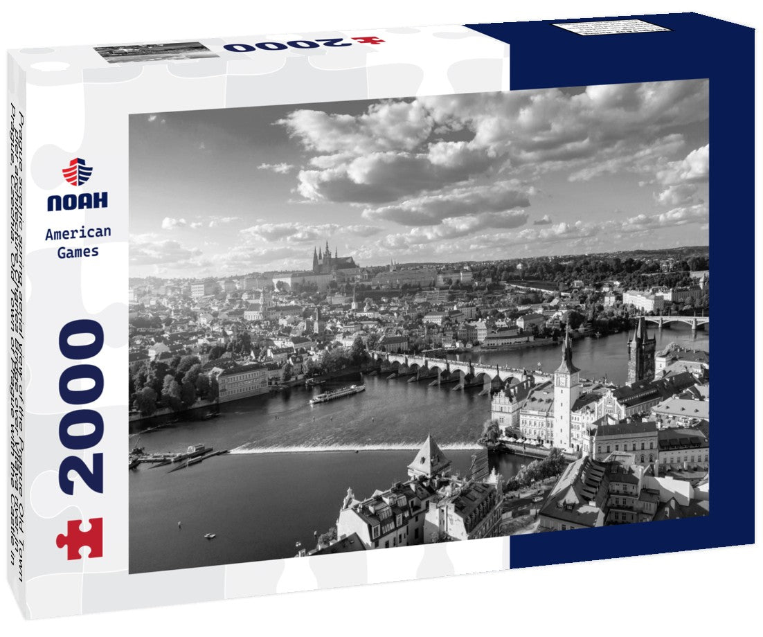 Prague scenic spring aerial view of the Prague Old Town pier architecture Charles Bridge over Vltava river in Prague, Czechia. Old Town of Prague with the Castle in the background, Czech Republic 2000pc PuzzleBlack and White